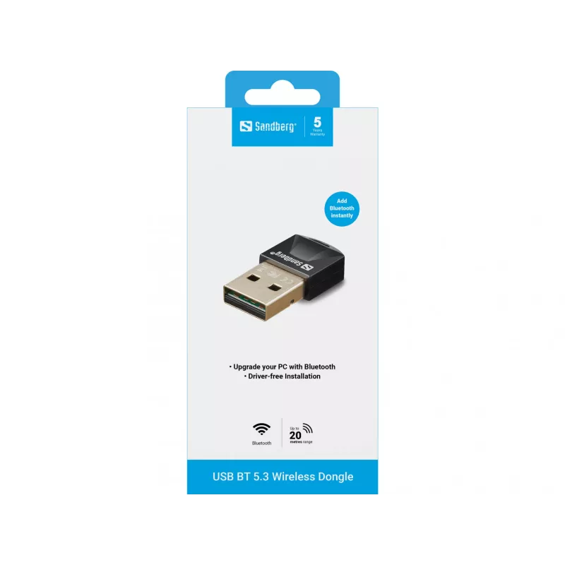 Sandberg USB BT 5.3 Wireless Dongle, Wireless, USB, Bluetooth, 3 Mbit/s, Melns