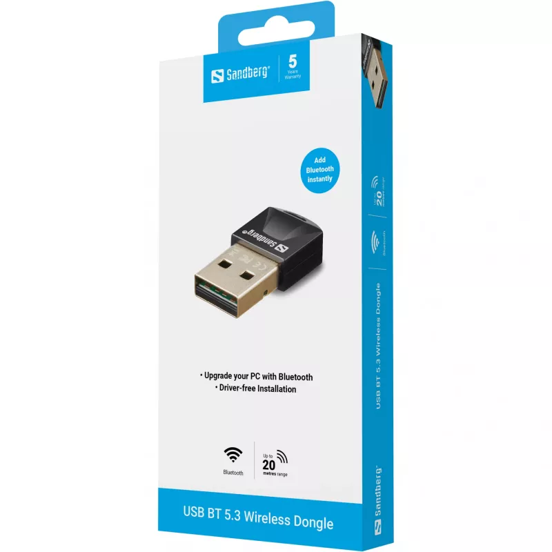 Sandberg USB BT 5.3 Wireless Dongle, Wireless, USB, Bluetooth, 3 Mbit/s, Melns