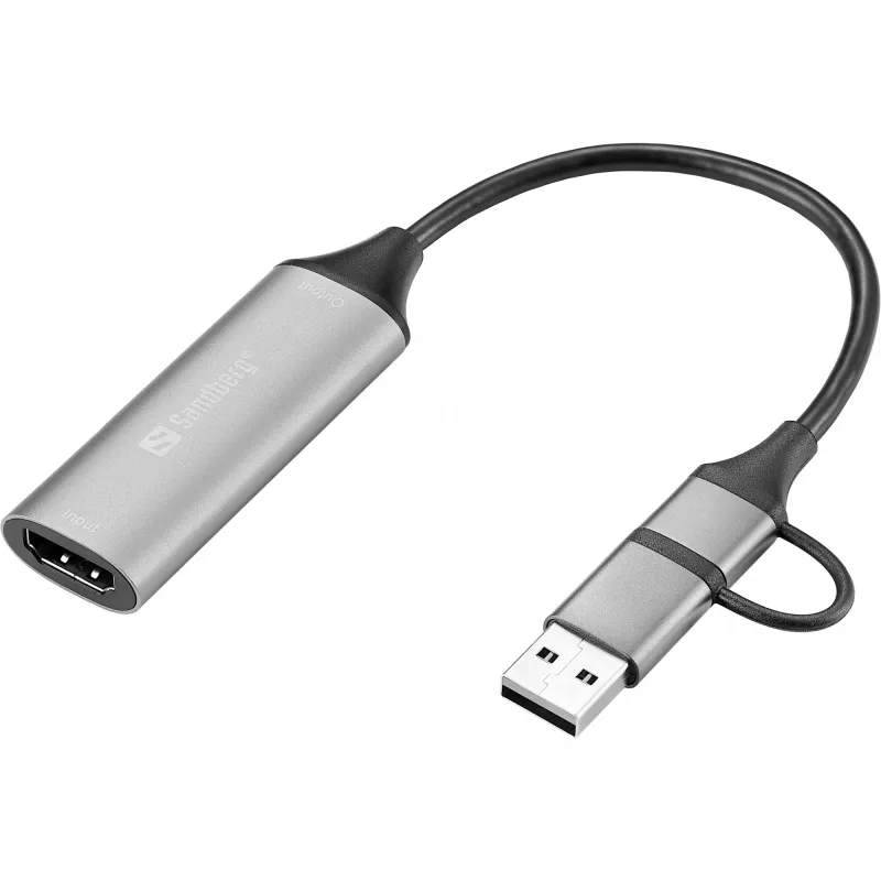 Sandberg HDMI Capture Link uz USB-C/A, HDMI Type A (Standard), USB Type-A + USB Type-C, Female, Male, Straight, Straight