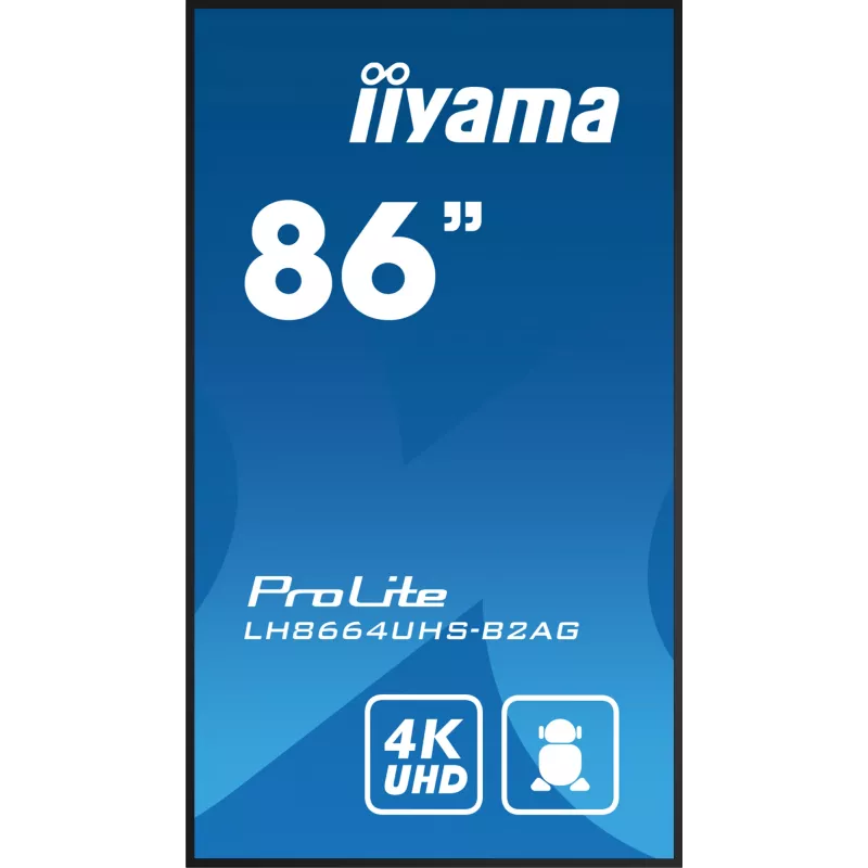 iiyama LH8664UHS-B2AG Signage Display Digital signage flat panel 2.17 m (85.6 collas) Wi-Fi 500 cd/m² 4K Ultra HD Melns Iebūvēts procesors Android 11 24/7