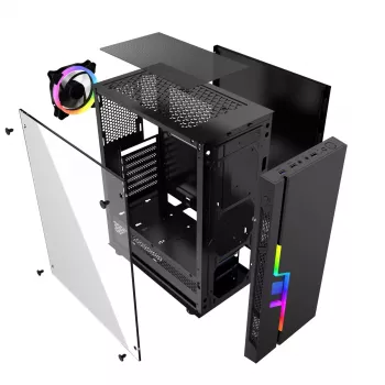 PC korpuss GEMBIRD Fornax 2000 RGB Midi Tower melns — Micro ATX/ITX/ATX, 1x120 mm aizmugures ventilators, 2x2,5 collu nodalījumi, 2x3.0 USB-A, rūdīts stikls