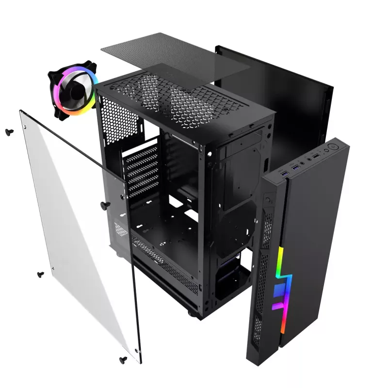 PC korpuss GEMBIRD Fornax 2000 RGB Midi Tower melns — Micro ATX/ITX/ATX, 1x120 mm aizmugures ventilators, 2x2,5 collu nodalījumi, 2x3.0 USB-A, rūdīts stikls