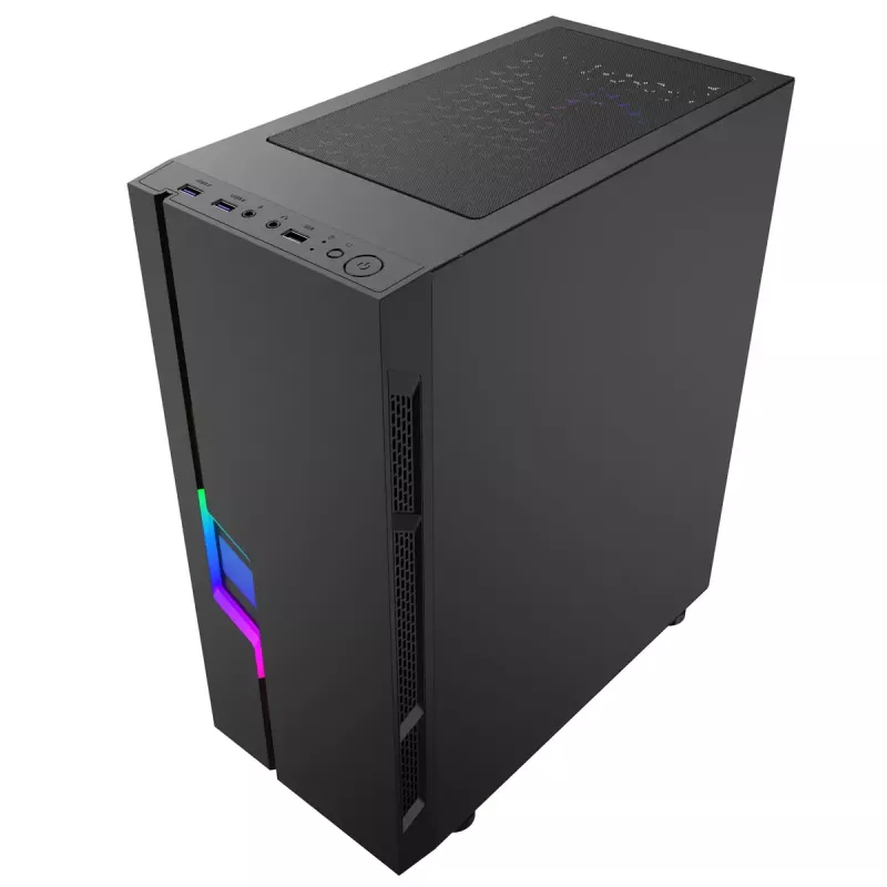 PC korpuss GEMBIRD Fornax 2000 RGB Midi Tower melns — Micro ATX/ITX/ATX, 1x120 mm aizmugures ventilators, 2x2,5 collu nodalījumi, 2x3.0 USB-A, rūdīts stikls