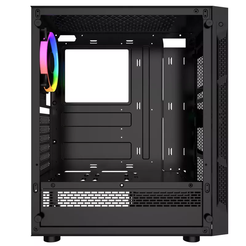 PC korpuss GEMBIRD Fornax 2000 RGB Midi Tower melns — Micro ATX/ITX/ATX, 1x120 mm aizmugures ventilators, 2x2,5 collu nodalījumi, 2x3.0 USB-A, rūdīts stikls