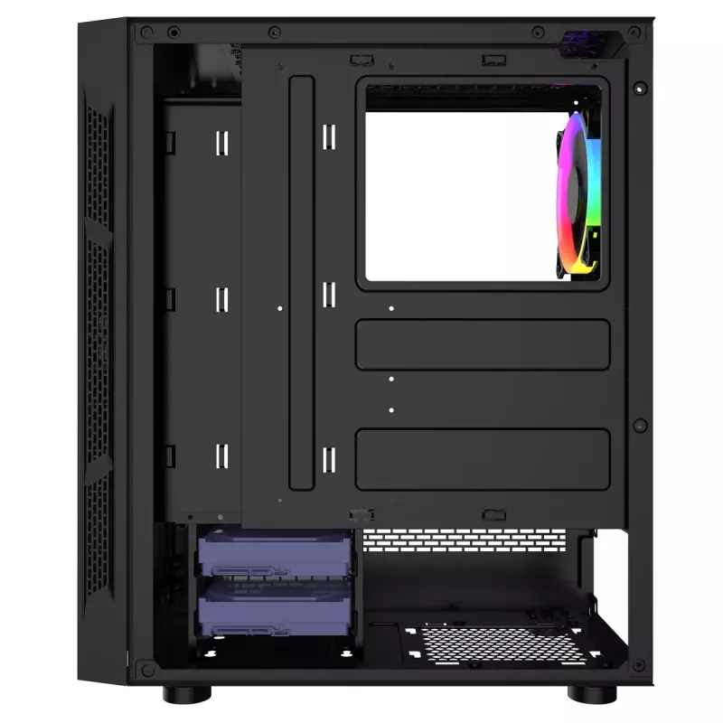 PC korpuss GEMBIRD Fornax 2000 RGB Midi Tower melns — Micro ATX/ITX/ATX, 1x120 mm aizmugures ventilators, 2x2,5 collu nodalījumi, 2x3.0 USB-A, rūdīts stikls