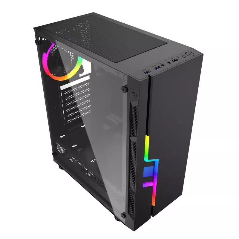 PC korpuss GEMBIRD Fornax 2000 RGB Midi Tower melns — Micro ATX/ITX/ATX, 1x120 mm aizmugures ventilators, 2x2,5 collu nodalījumi, 2x3.0 USB-A, rūdīts stikls