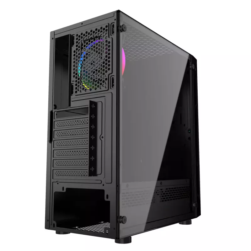 PC korpuss GEMBIRD Fornax 2000 RGB Midi Tower melns — Micro ATX/ITX/ATX, 1x120 mm aizmugures ventilators, 2x2,5 collu nodalījumi, 2x3.0 USB-A, rūdīts stikls