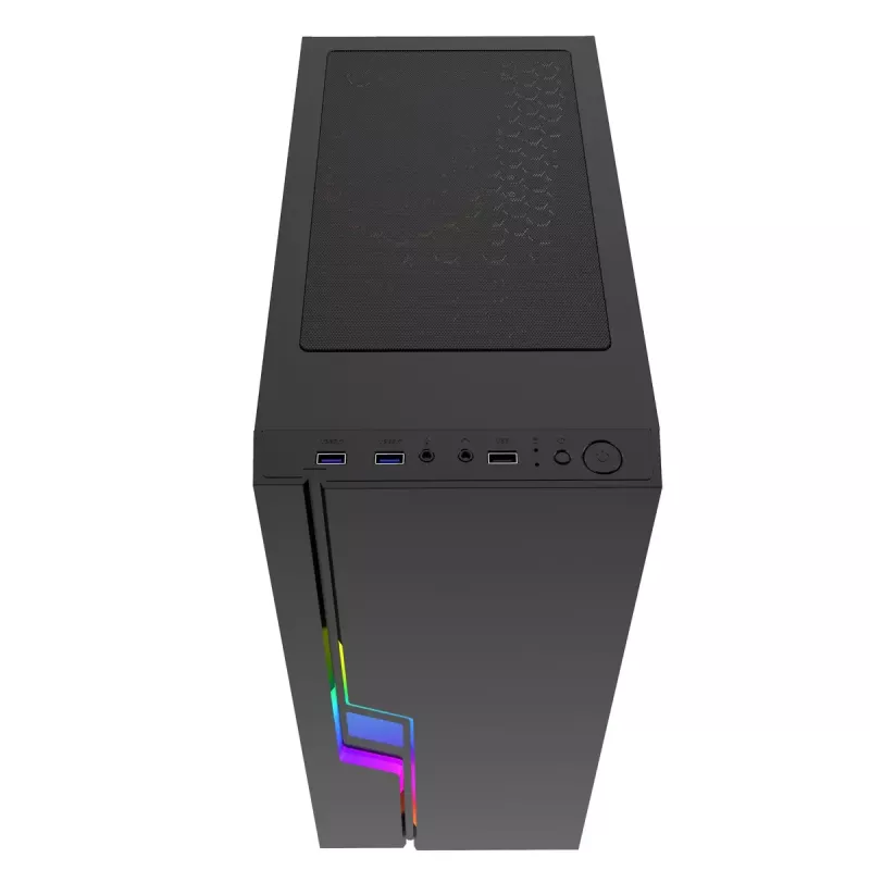 PC korpuss GEMBIRD Fornax 2000 RGB Midi Tower melns — Micro ATX/ITX/ATX, 1x120 mm aizmugures ventilators, 2x2,5 collu nodalījumi, 2x3.0 USB-A, rūdīts stikls