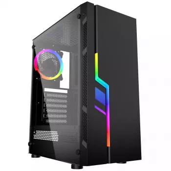PC korpuss GEMBIRD Fornax 2000 RGB Midi Tower melns — Micro ATX/ITX/ATX, 1x120 mm aizmugures ventilators, 2x2,5 collu nodalījumi, 2x3.0 USB-A, rūdīts stikls