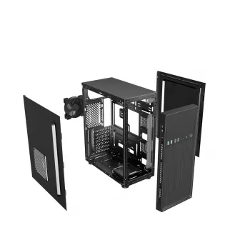 PC korpuss GEMBIRD Fornax 160 Mini Tower — melns, SPCC, atbalsta ITX/mATX/ATX, 1×3,5 collu + 3×2,5 collu nodalījumi, 7 paplašināšanas sloti, 445×185×390 mm