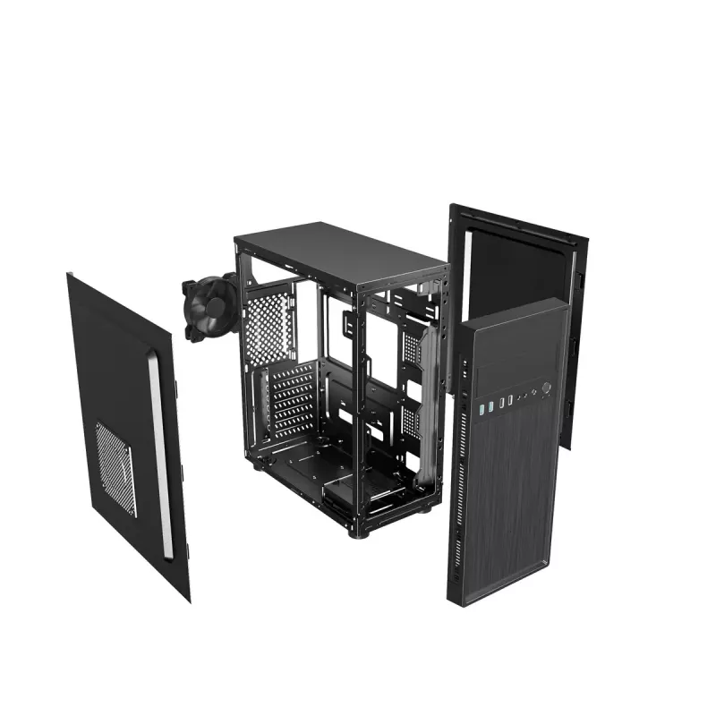 PC korpuss GEMBIRD Fornax 160 Mini Tower — melns, SPCC, atbalsta ITX/mATX/ATX, 1×3,5 collu + 3×2,5 collu nodalījumi, 7 paplašināšanas sloti, 445×185×390 mm