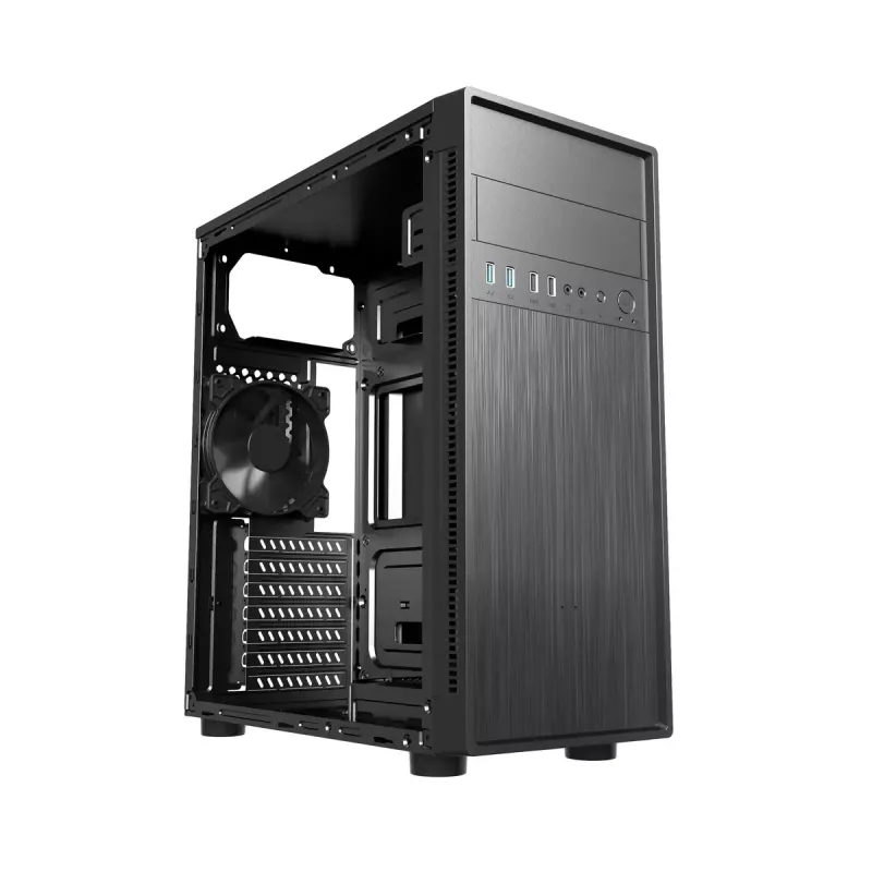 PC korpuss GEMBIRD Fornax 160 Mini Tower — melns, SPCC, atbalsta ITX/mATX/ATX, 1×3,5 collu + 3×2,5 collu nodalījumi, 7 paplašināšanas sloti, 445×185×390 mm