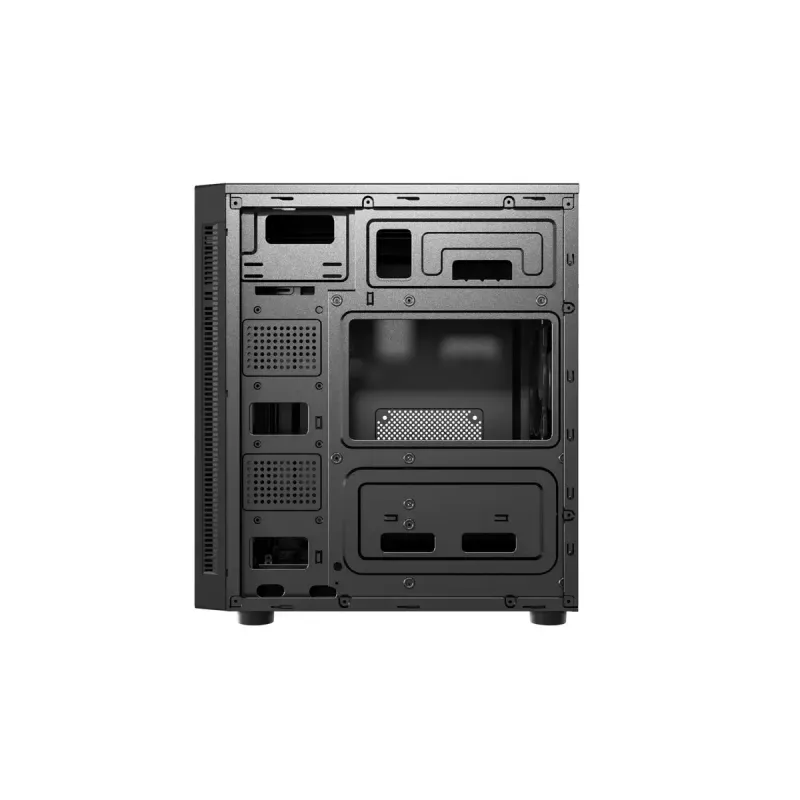 PC korpuss GEMBIRD Fornax 160 Mini Tower — melns, SPCC, atbalsta ITX/mATX/ATX, 1×3,5 collu + 3×2,5 collu nodalījumi, 7 paplašināšanas sloti, 445×185×390 mm