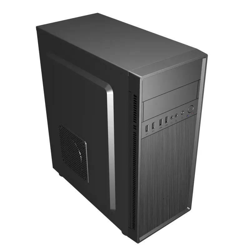 PC korpuss GEMBIRD Fornax 160 Mini Tower — melns, SPCC, atbalsta ITX/mATX/ATX, 1×3,5 collu + 3×2,5 collu nodalījumi, 7 paplašināšanas sloti, 445×185×390 mm