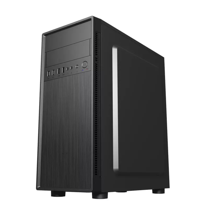 PC korpuss GEMBIRD Fornax 160 Mini Tower — melns, SPCC, atbalsta ITX/mATX/ATX, 1×3,5 collu + 3×2,5 collu nodalījumi, 7 paplašināšanas sloti, 445×185×390 mm