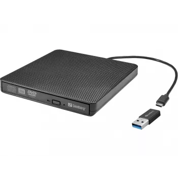 Sandberg USB-C/A DVD diskdzinis, melns, paplāte, galddators/klēpjdators, DVD Super Multi DL, USB Type-C, CD-R, CD-ROM, CD-RW, DVD+R DL, DVD-R, DVD-R DL, DVD-RAM, DVD-ROM, DVD-RW