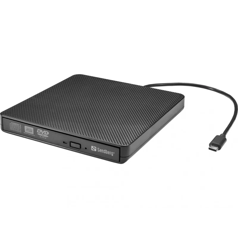 Sandberg USB-C/A DVD diskdzinis, melns, paplāte, galddators/klēpjdators, DVD Super Multi DL, USB Type-C, CD-R, CD-ROM, CD-RW, DVD+R DL, DVD-R, DVD-R DL, DVD-RAM, DVD-ROM, DVD-RW