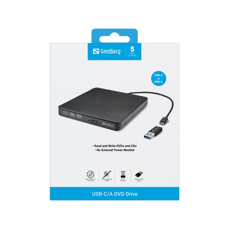 Sandberg USB-C/A DVD diskdzinis, melns, paplāte, galddators/klēpjdators, DVD Super Multi DL, USB Type-C, CD-R, CD-ROM, CD-RW, DVD+R DL, DVD-R, DVD-R DL, DVD-RAM, DVD-ROM, DVD-RW