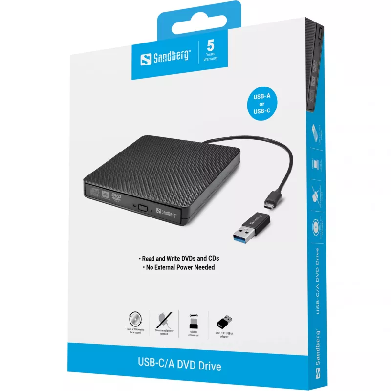 Sandberg USB-C/A DVD diskdzinis, melns, paplāte, galddators/klēpjdators, DVD Super Multi DL, USB Type-C, CD-R, CD-ROM, CD-RW, DVD+R DL, DVD-R, DVD-R DL, DVD-RAM, DVD-ROM, DVD-RW