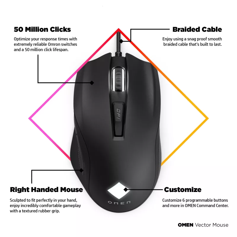 HP OMEN Vector pele, labās rokas, IR LED, USB Type-A, 16000 DPI, 1 ms, melns