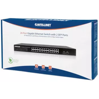 Intellinet 24 portu Gigabit Ethernet slēdzis ar 2 SFP portiem, 24 x 10/100/1000 Mbps RJ45 porti + 2 x SFP, IEEE 802.3az (energoefektīvs Ethernet), 19 collu statņa stiprinājums, metāla