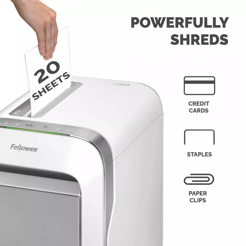 Fellowes LX sērijas papīra smalcinātājs LX221 20 lokšņu mikro griezuma smalcinātājs ar 30 litru izvelkamo tvertni, augstākās drošības P5, balts