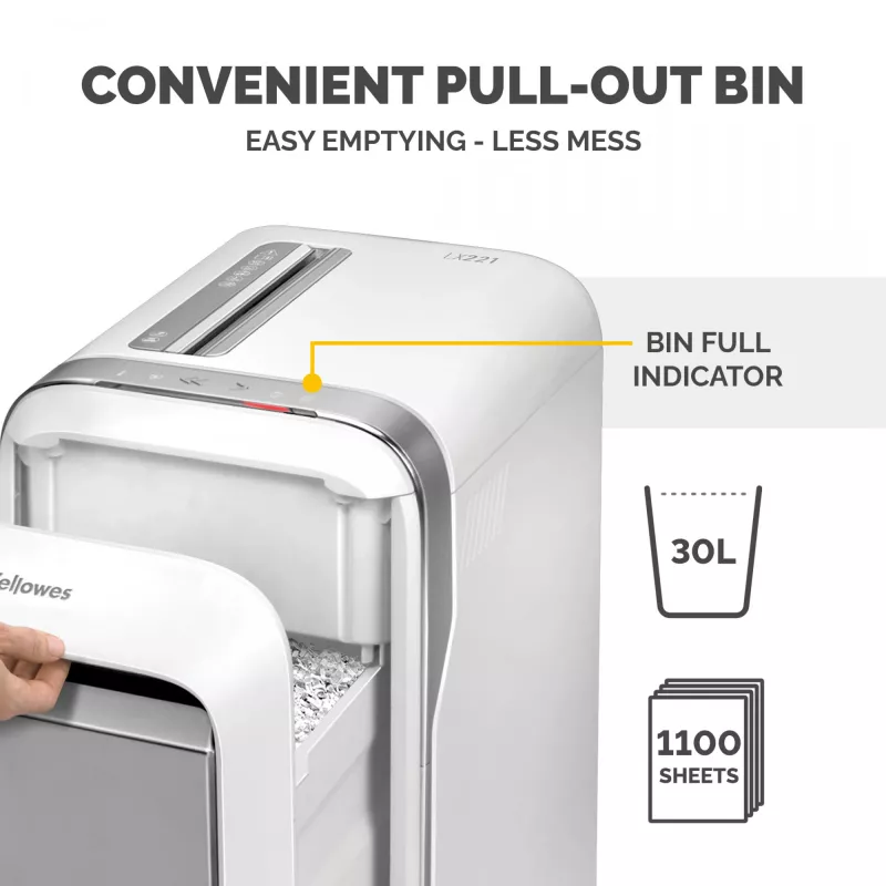 Fellowes LX sērijas papīra smalcinātājs LX221 20 lokšņu mikro griezuma smalcinātājs ar 30 litru izvelkamo tvertni, augstākās drošības P5, balts