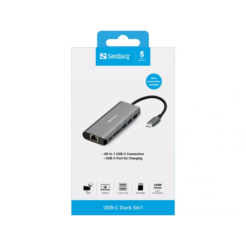 Sandberg USB-C dokstacija HDMI+LAN+SD+USB100W