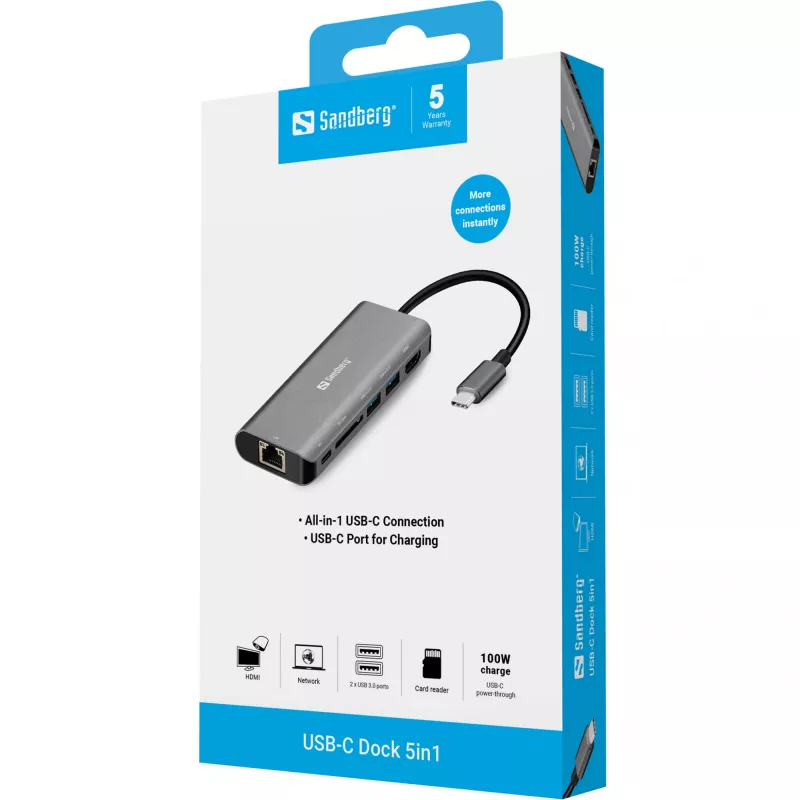 Sandberg USB-C dokstacija HDMI+LAN+SD+USB100W