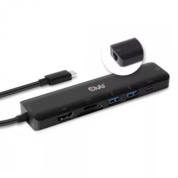 CLUB3D USB Type-C 7-in-1 centrmezgls HDMI 4K60Hz SD TF karšu slots 2x USB Type-A USB Type-C PD RJ45 darbojas ar Thunderbolt 3