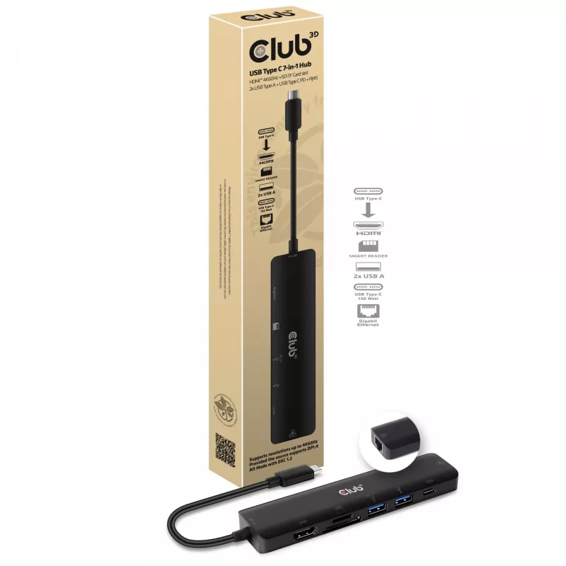 CLUB3D USB Type-C 7-in-1 centrmezgls HDMI 4K60Hz SD TF karšu slots 2x USB Type-A USB Type-C PD RJ45 darbojas ar Thunderbolt 3