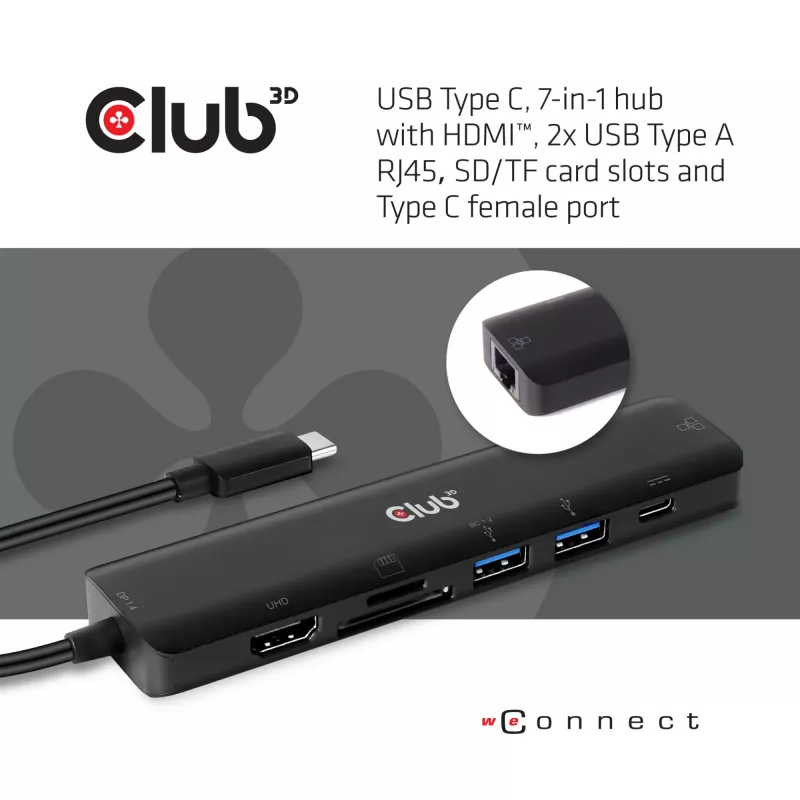 CLUB3D USB Type-C 7-in-1 centrmezgls HDMI 4K60Hz SD TF karšu slots 2x USB Type-A USB Type-C PD RJ45 darbojas ar Thunderbolt 3