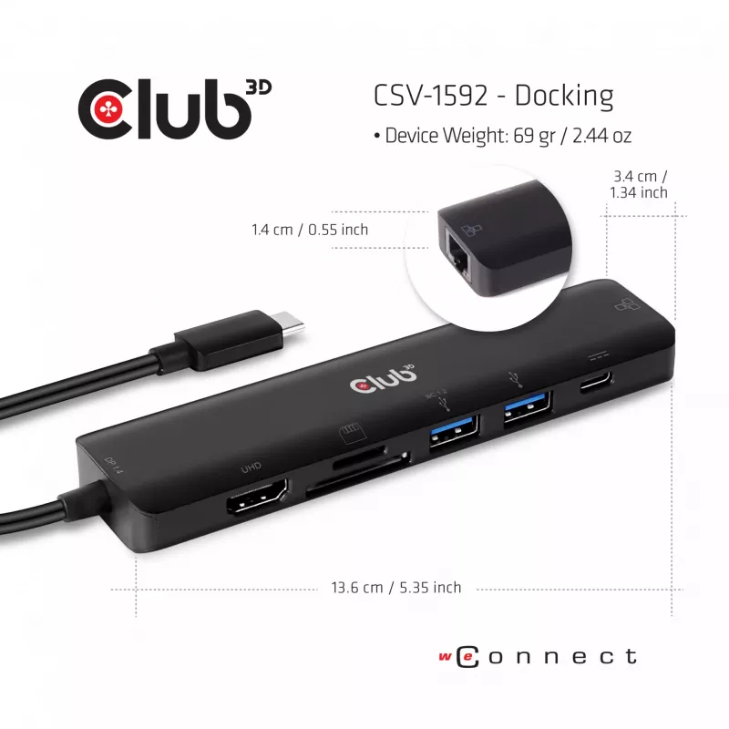 CLUB3D USB Type-C 7-in-1 centrmezgls HDMI 4K60Hz SD TF karšu slots 2x USB Type-A USB Type-C PD RJ45 darbojas ar Thunderbolt 3