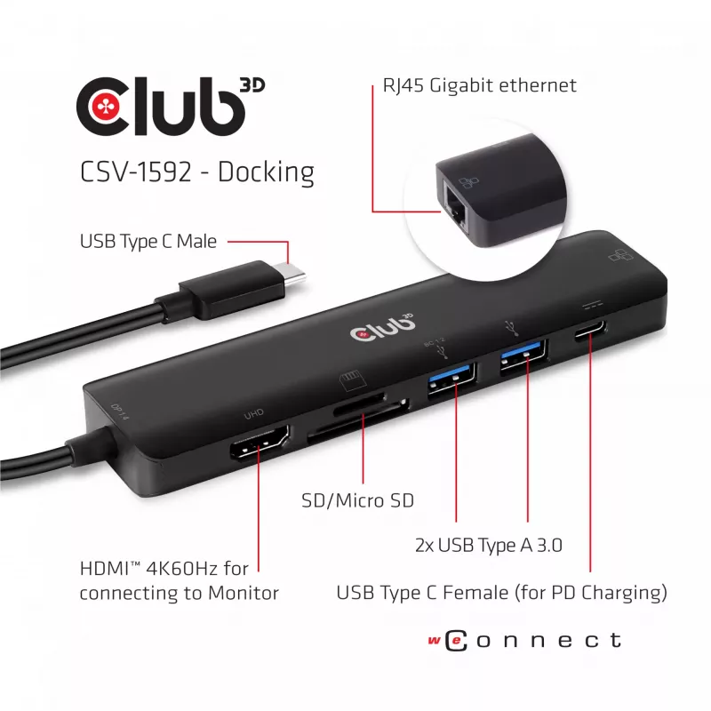 CLUB3D USB Type-C 7-in-1 centrmezgls HDMI 4K60Hz SD TF karšu slots 2x USB Type-A USB Type-C PD RJ45 darbojas ar Thunderbolt 3