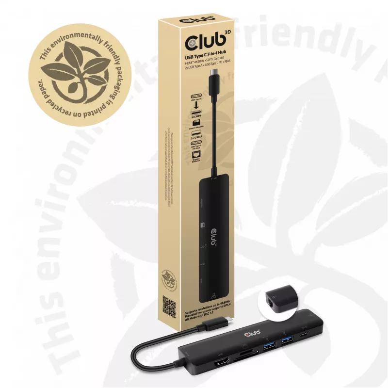CLUB3D USB Type-C 7-in-1 centrmezgls HDMI 4K60Hz SD TF karšu slots 2x USB Type-A USB Type-C PD RJ45 darbojas ar Thunderbolt 3