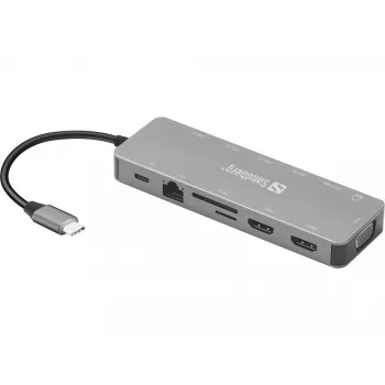 Sandberg USB-C 13-in-1 Travel Dock, USB Type-C, 100 W strāvas padeve, Ethernet 1000 Mbit/s
