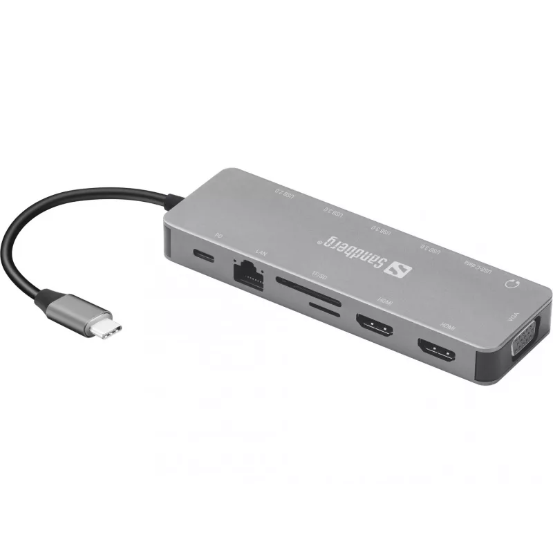 Sandberg USB-C 13-in-1 Travel Dock, USB Type-C, 100 W strāvas padeve, Ethernet 1000 Mbit/s