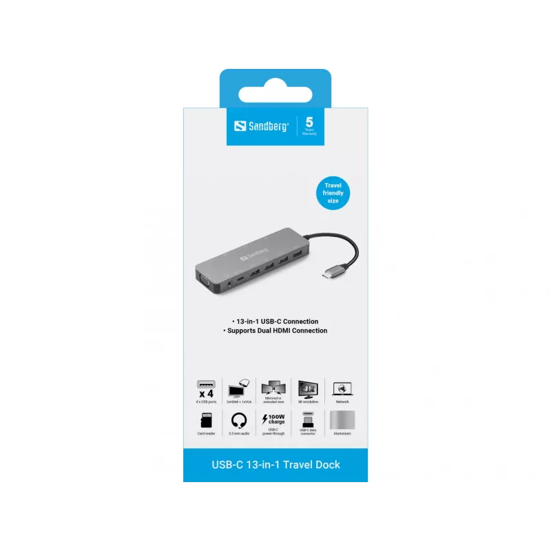 Sandberg USB-C 13-in-1 Travel Dock, USB Type-C, 100 W strāvas padeve, Ethernet 1000 Mbit/s