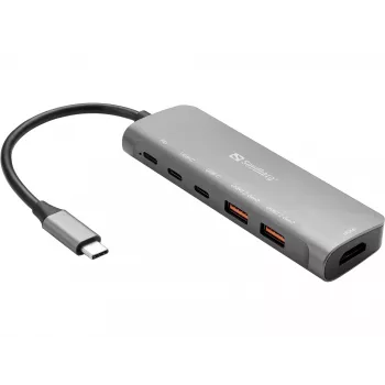 Sandberg USB-C dokstacija HDMI + 2xUSB-A + 2xUSB-C + PD100W, vadu, USB 3.2 Gen 1 (3.1 Gen 1) Type-C, 100 W, alumīnijs, 4K Ultra HD, 3840 x 2160 pikseļi