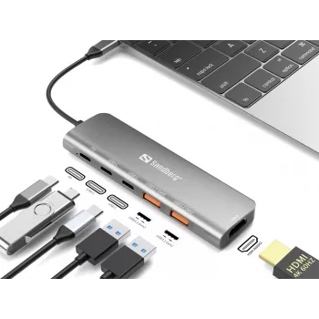 Sandberg USB-C dokstacija HDMI + 2xUSB-A + 2xUSB-C + PD100W, vadu, USB 3.2 Gen 1 (3.1 Gen 1) Type-C, 100 W, alumīnijs, 4K Ultra HD, 3840 x 2160 pikseļi