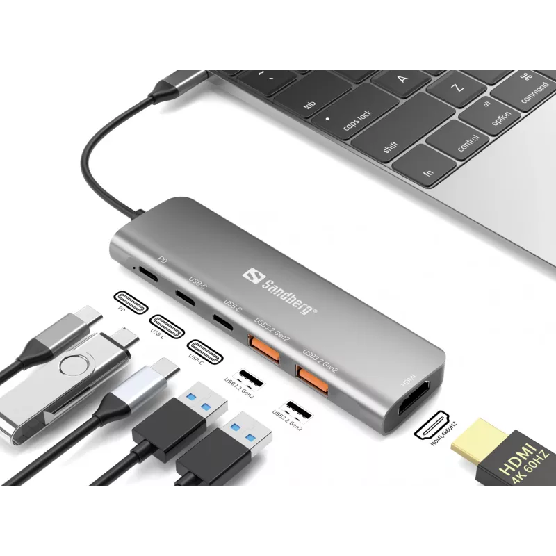 Sandberg USB-C dokstacija HDMI + 2xUSB-A + 2xUSB-C + PD100W, vadu, USB 3.2 Gen 1 (3.1 Gen 1) Type-C, 100 W, alumīnijs, 4K Ultra HD, 3840 x 2160 pikseļi