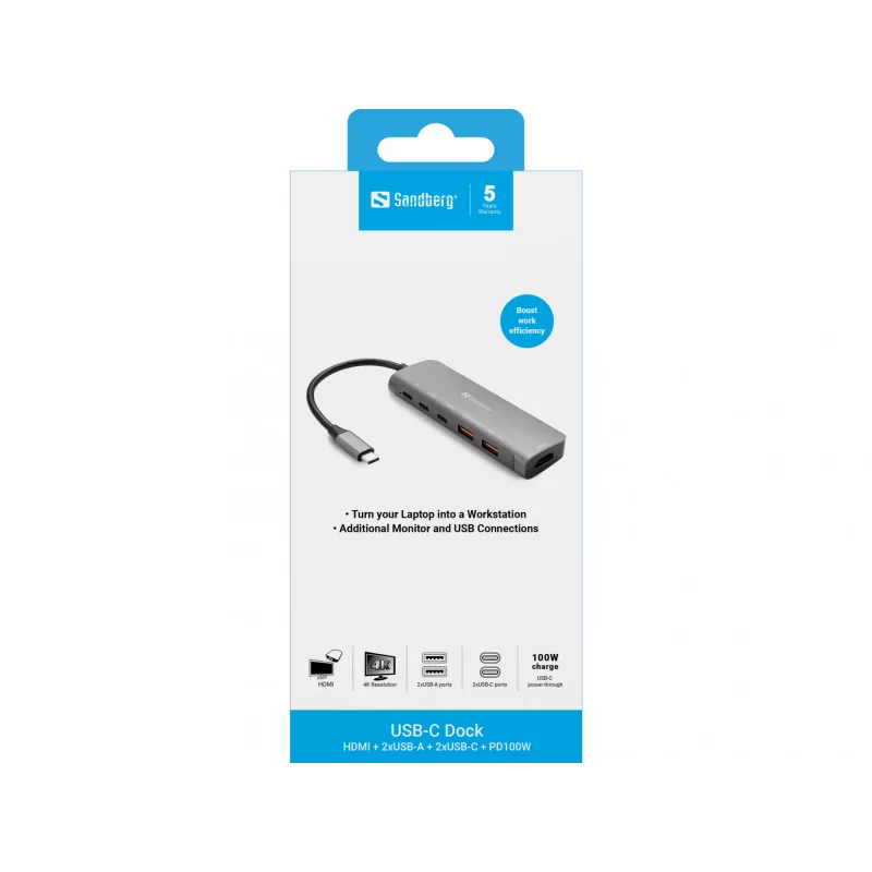 Sandberg USB-C dokstacija HDMI + 2xUSB-A + 2xUSB-C + PD100W, vadu, USB 3.2 Gen 1 (3.1 Gen 1) Type-C, 100 W, alumīnijs, 4K Ultra HD, 3840 x 2160 pikseļi
