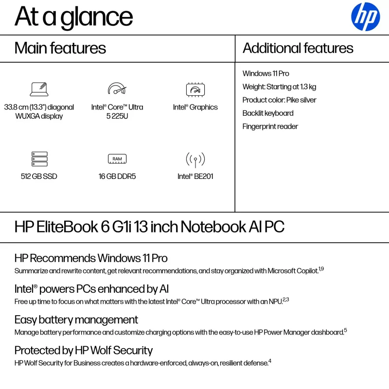 HP EliteBook 6 G1i Intel Core Ultra 5 225U klēpjdators 33,8 cm (13,3 collu) WUXGA 16 GB DDR5-SDRAM Wi-Fi 7 (802.11be) Windows 11 Pro AI PC Sudrabs
