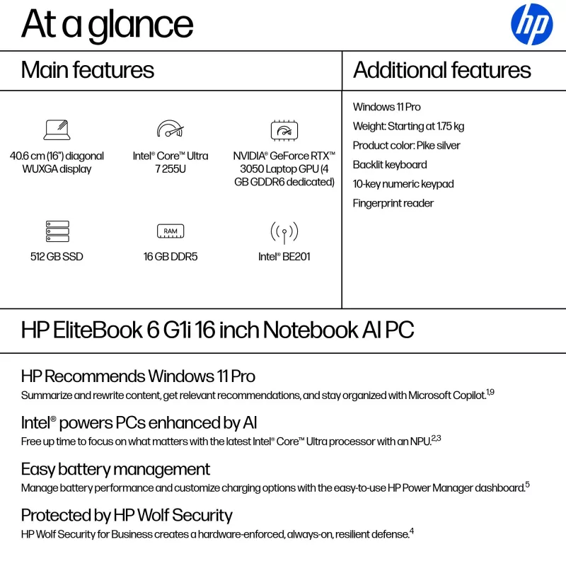 HP EliteBook 6 G1i Intel Core Ultra 7 255U klēpjdators 40,6 cm (16 collu) WUXGA 16 GB DDR5-SDRAM Wi-Fi 7 (802.11be) Windows 11 Pro AI PC sudraba krāsā
