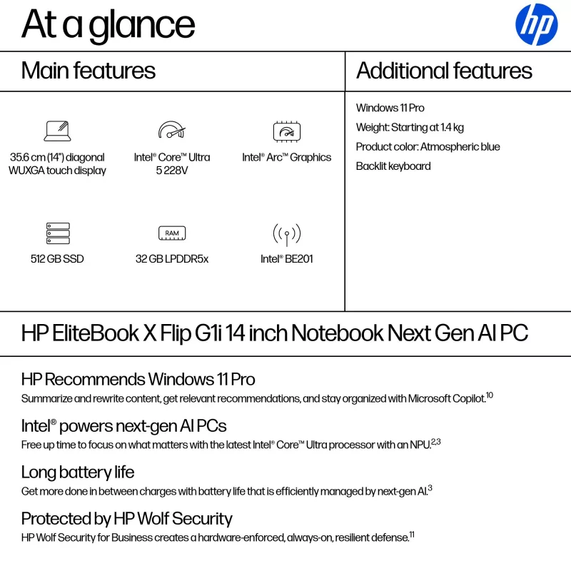 Piezīmjdators HP EliteBook X Flip G1i Hybrid 2-in-1 Intel Core Ultra 5 228V 14 collu WUXGA Skārienekrāns 32 GB LPDDR5x 512 GB SSD Wi‑Fi 7 Windows 11 Pro Zils