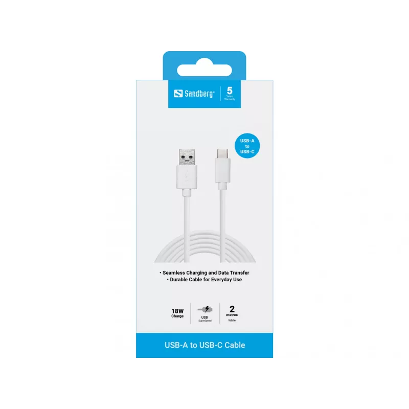 Sandberg USB-C 3.1 USB-A 3.0 2M, 2 m, USB C, USB A, USB 3.2 Gen 1 (3.1 Gen 1), vīriešu/vīriešu, balts