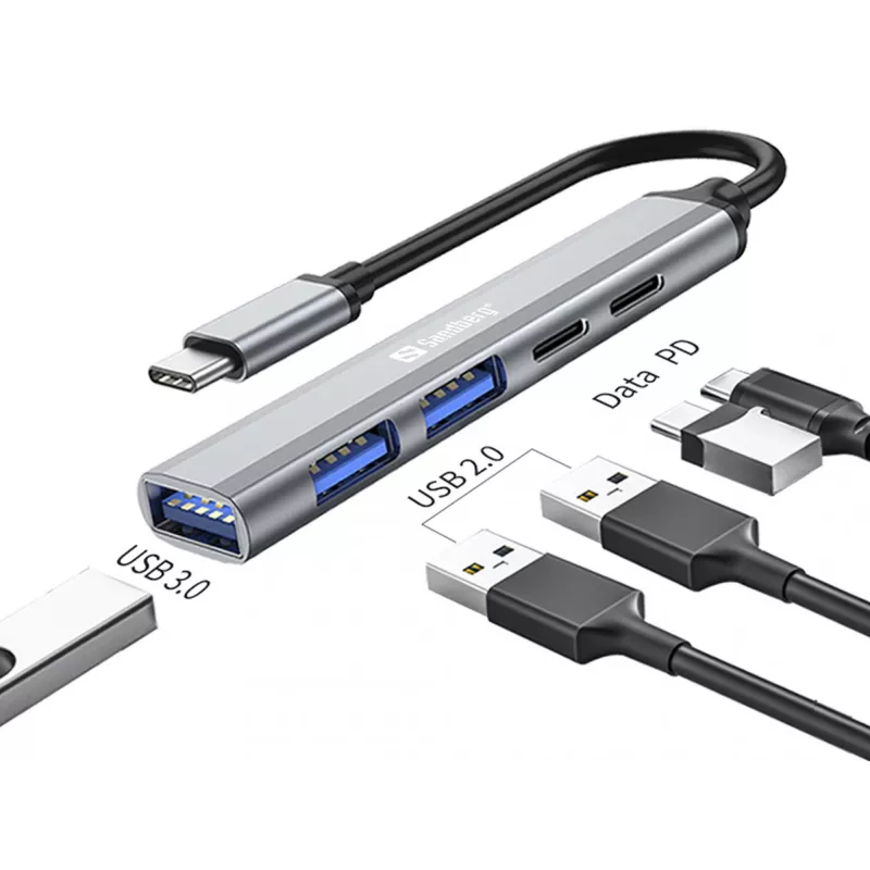 Sandberg USB-C uz 3xUSB-A+2xUSB-C SAVER USB 3.2 Gen 1 pelēks alumīnija centrmezgls