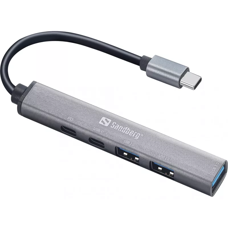 Sandberg USB-C uz 3xUSB-A+2xUSB-C SAVER USB 3.2 Gen 1 pelēks alumīnija centrmezgls