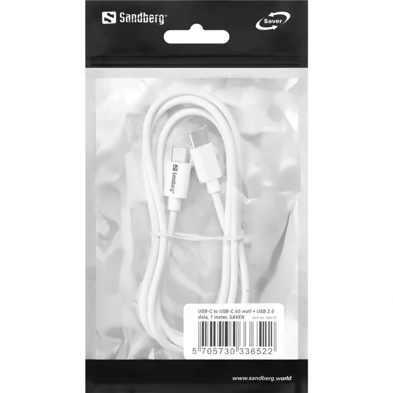 Sandberg USB-C USB-C 65W 1M SAVER, 1 m, USB C, USB C, USB 2.0, balts