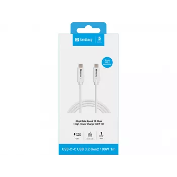 Sandberg USB-CC USB 3.2 Gen2 100W, 1M, 1 m, USB C, USB C, USB 3.2 Gen 2 (3.1 Gen 2), 10 Gbit/s, Balta